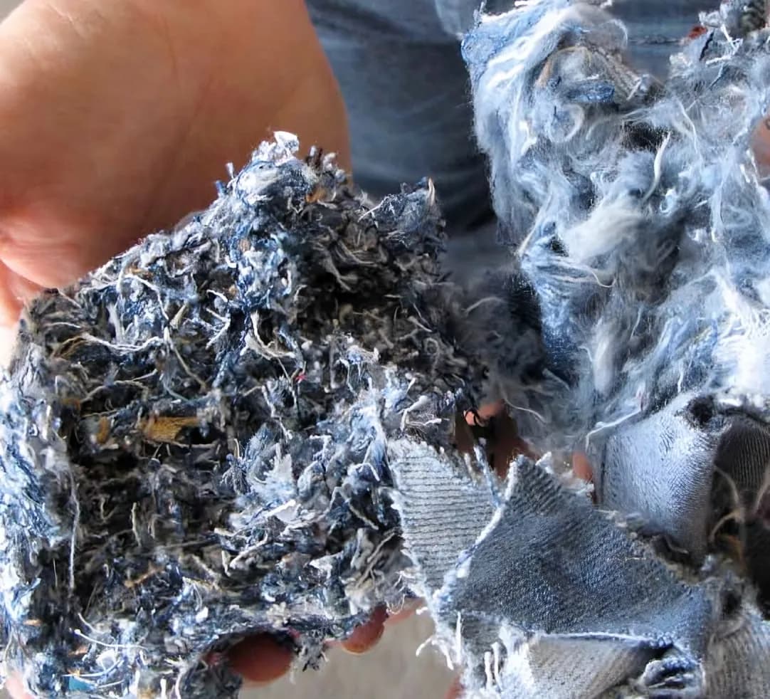 Hands holding shredded denim textile waste